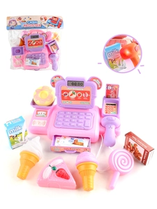 Detailed view of play cash register set with scanner, toy money and food accessories