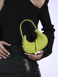 Chic lime green crescent moon handbag with premium lychee texture leather and gold hardware