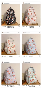 Cute strawberry print backpack shown in six pastel colors for students and school use