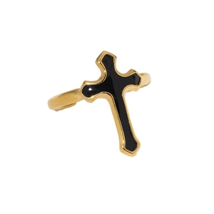 Vintage gold stainless steel cross ring with black enamel inlay for men and women