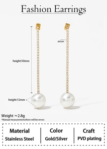 Detail view of pearl drop earrings with zircon studs showing specific 50mm height dimensions