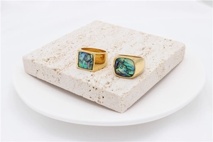 Macro shot of two gold titanium rings with iridescent shell inlay on a stone base