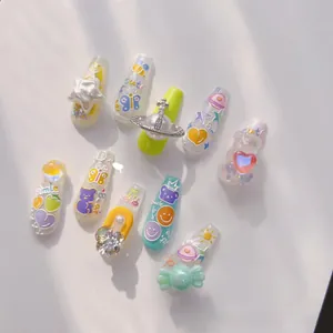 Detailed view of 5D embossed nail art stickers with 3D bears, hearts, and stars design