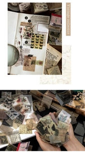 Close-up of vintage aesthetic stickers with butterflies and plants for scrapbooking