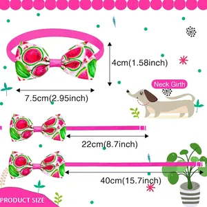 Watermelon pattern pet bowtie with size chart and adjustable neck strap dimensions