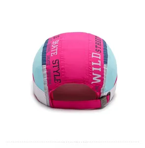 Back view of a breathable baseball cap showing the adjustable metal buckle and pink-blue panels