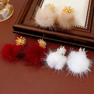 Firework Zircon Faux Fur Pom Pom Earrings Alloy With Silver Earring Post Winter Elegant Fashion For Women