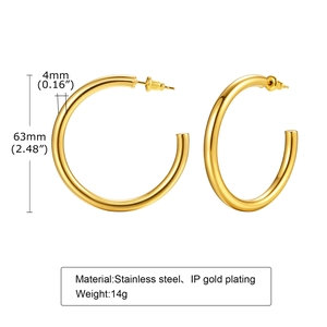 Detailed view of 63mm hollow gold stainless steel hoop earrings with 4mm thickness dimensions