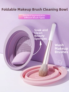 Collapsible silicone makeup brush cleaning bowl with multi-textured base for sponge drying