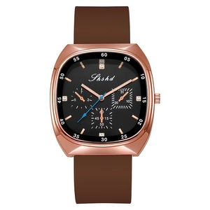Fashion women's watch with rose gold square case and brown silicone strap on white background