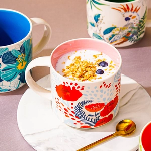 Nordic ceramic mugs set with vibrant floral and bird patterns for home and office use