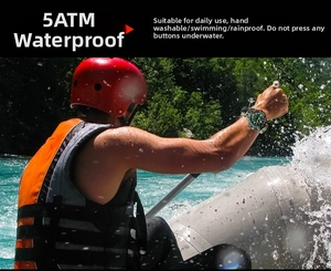 Outdoor tactical watch with 5ATM waterproof rating shown during high-action water sports