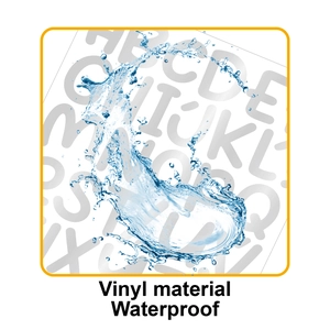 Close-up of waterproof vinyl alphabet stickers showing water droplets on the surface