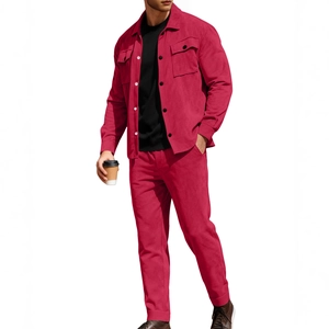 Men's burgundy corduroy workwear set with button jacket and matching pants on white background