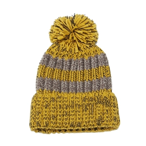 Detail of yellow and grey striped knit beanie featuring thick ribbing and a soft pom-pom