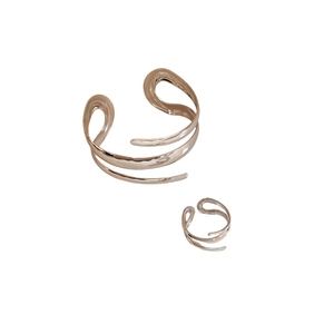 Polished silver fluid line cuff bracelet and ring set with minimalist wavy design