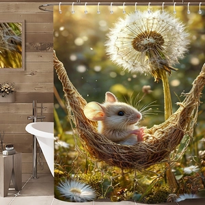 Detail eines wasserdichten Duschvorhangs mit Märchenmaus- und Pusteblumen-Illustration