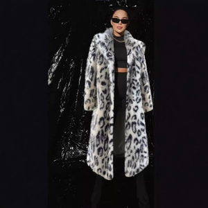 Long leopard print faux fox fur coat for women with large lapels in black and grey tones