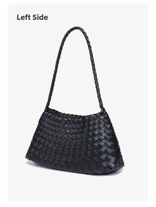 Detailed left-side view of a black hand-woven leather tote bag with intrecciato texture