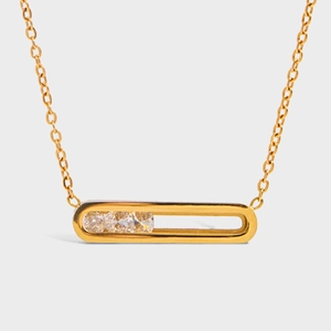 18K Gold Plated Stainless Steel Necklace Rectangle Hollow Pendant Movable White Zircon Geometric Waterproof Jewelry For Women