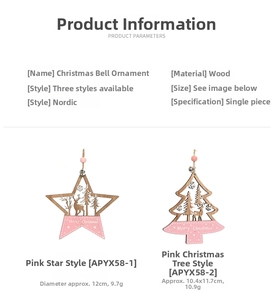 Detailed pink wooden Christmas ornaments with star and tree shapes and deer cutouts