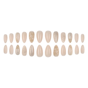 French luxury almond press-on nails with 3D gold floral relief and pearl accents