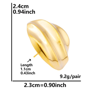 Detailed size chart showing golden wavy pleated fan-shaped earrings dimensions and weight