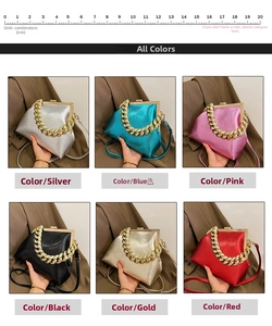 Detailed view of cloud bag with chunky gold chain handles in multiple metallic colors