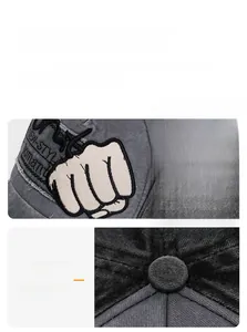 Makro-Detail von Stickerei und Distressed-Kanten an einer grauen Baseballkappe