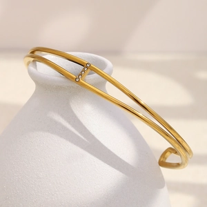 18K gold plated stainless steel double layer open bangle with white zircon accents