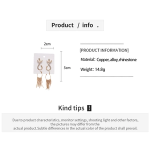 Detailed size chart for gold tassel earrings with rhinestone and alloy dimensions