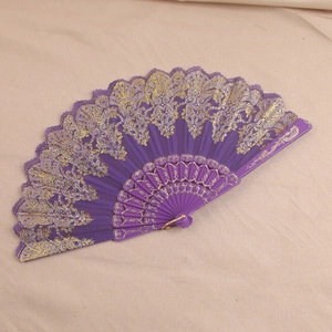 Elegant purple lace folding fan with ornate gold patterns and plastic ribs for dancing