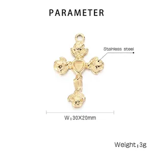 Detailed view of golden stainless steel rose cross pendant with heart center, size 30x20mm