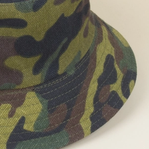 Army green camouflage bucket hat made of durable canvas with reinforced stitching details