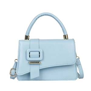 Light blue minimalist leather handbag with unique asymmetrical flap and metal buckle strap