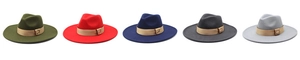 Array of wide brim wool fedora hats in five colors with brown belt and metal buckle