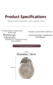 Detailed size chart for minimalist white ceramic vase with dimensions 18.3cm height and 14cm width