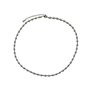Detail view of silver bead chain necklace with adjustable lobster clasp and extender