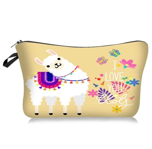Detail of cartoon llama print and I LOVE YOU Alot text on yellow cosmetic bag
