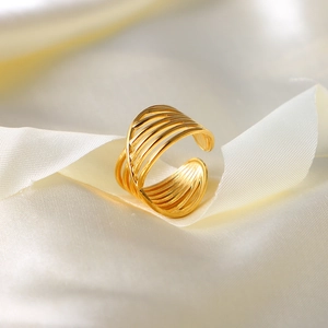18K gold plated multi-layer crossover stainless steel ring with adjustable opening
