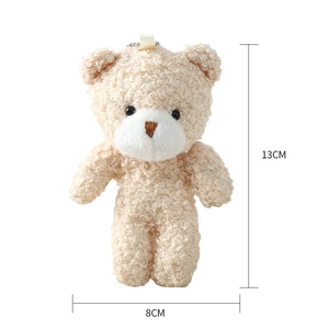 Detail view of plush teddy bear keychain measuring 13cm height and 8cm width