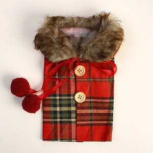 Christmas wine bottle cover with red plaid pattern, faux fur collar and wooden buttons