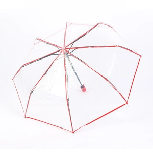 Fully automatic transparent folding umbrella with elegant red trim and 8-rib sturdy frame