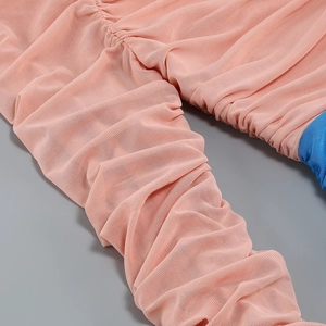 Detailed close-up of pink mesh dress featuring elegant pleated fabric and blue trim