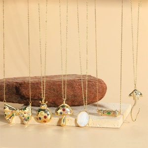 Vintage Gold Plated Copper Pendant Necklace Colorful Zircon Mushroom Ladybug Bow Aesthetic Jewelry For Women