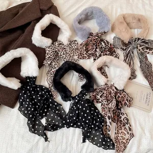 Vintage leopard print faux fur collar scarf with long ribbon ties for winter warmth