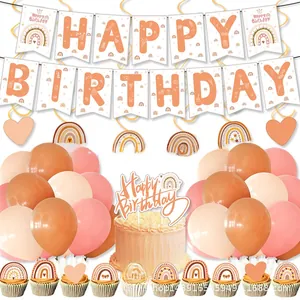 Boho rainbow party tableware set including Happy Birthday banner and pastel balloons