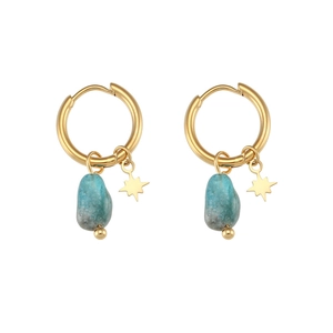 Detail of gold-plated star charms and natural cyan stone pendants on steel earrings