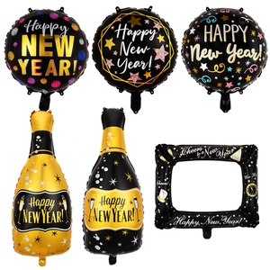 6-piece black and gold Happy New Year foil balloon set with champagne bottle and photo frame
