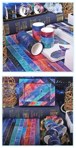 Detailed view of galaxy themed washi tape with gold foil constellations and stars